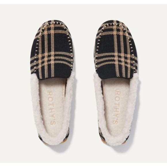 ROTHY'S Merino Wool Blend Slip-on Black Plaid Moccasin Slippers Size 8 NWOB - Picture 1 of 11